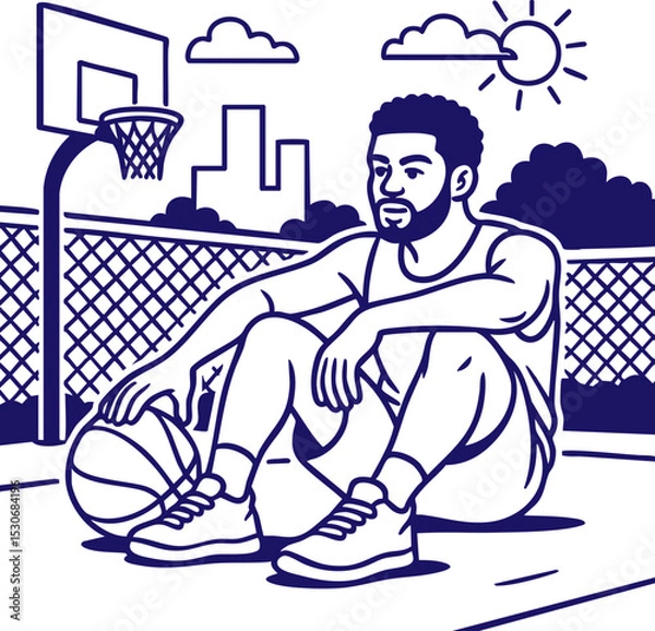 Obraz Basketball player resting on outdoor court line art illustration