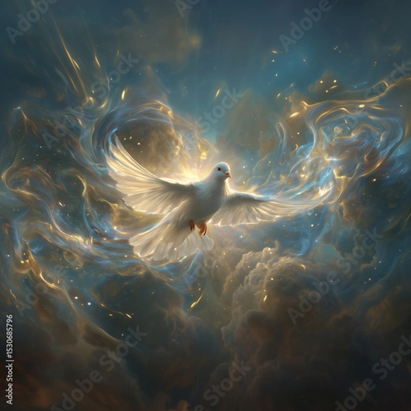 Fototapeta square banner with artistic dove shape over glorious, abstract golden & blue sky; copy space; concept of god, holy spirit, pentecost