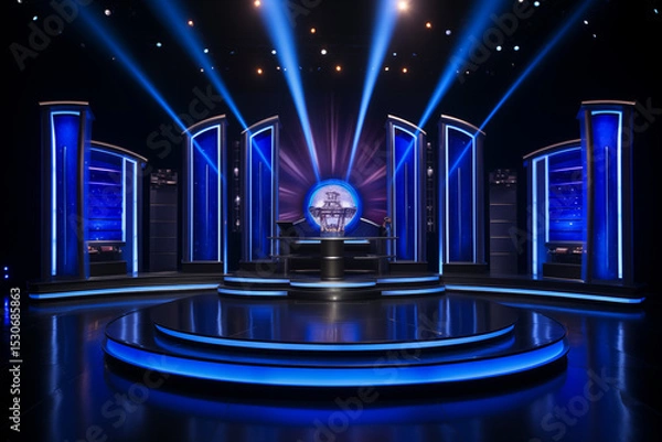 Fototapeta A game show with blue and white lights, a dark background, and a stage with a large podium in front.