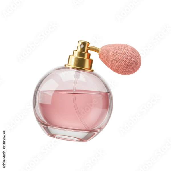 Obraz Stylish 3D rendering of a pink glass perfume bottle with a classic atomizer bulb, symbolizing elegance and beauty, isolated on a transparent background, png, cutout.