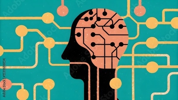 Obraz Silhouette of a human head with circuit lines symbolizes ai integration in finance.