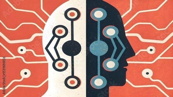 Obraz Human and ai integration in business innovation, symbolized by a split human-ai head with circuit patterns.