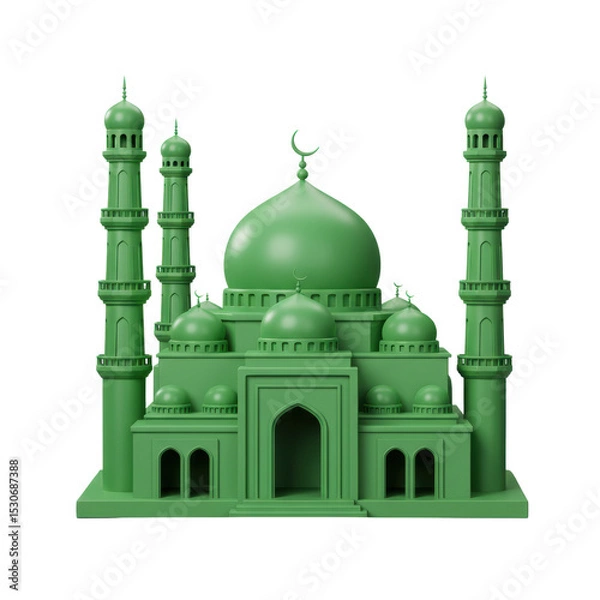 Fototapeta 3D green Islamic mosque with large domes and tall minarets, symbolizing a place of worship for Muslims, perfect for Eid or Ramadan themes, isolated on a transparent background, png, cutout.