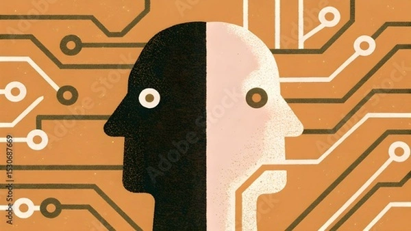 Obraz Duality of ai ethics: human silhouette with circuit background symbolizing tech integration and moral dilemmas.