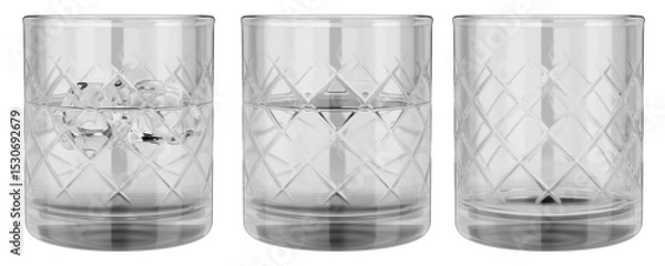 Fototapeta Set of glass glasses for water. Empty glass. Glass in water. Glass with water and ice cubes. Glass cup isolated on white background, on transparent background. 3d render.
