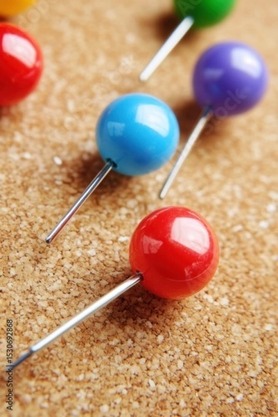 Fototapeta Colorful Push Pins on Cork Board - Office and Home Organization Image.