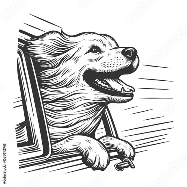 Fototapeta happy dog with its head out of a moving car window, fur blowing in the wind sketch engraving generative ai vector illustration. Scratch board imitation. Black and white image.