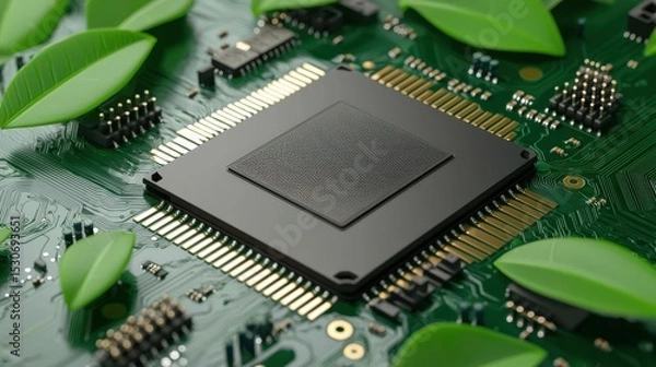 Fototapeta A computer chip is surrounded by green leaves