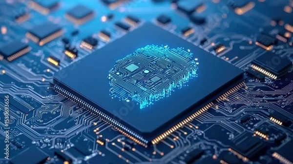 Fototapeta A computer chip with a blue face on it