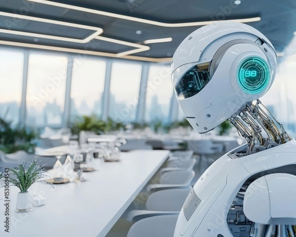 Fototapeta A robot is standing in front of a table with a white tablecloth