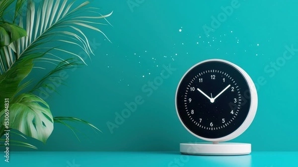 Fototapeta A white clock with a black face sits on a table in front of a green plant