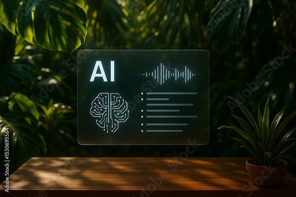 Obraz Futuristic display showcasing AI technology with brain graphic and sound wave, surrounded by lush greenery