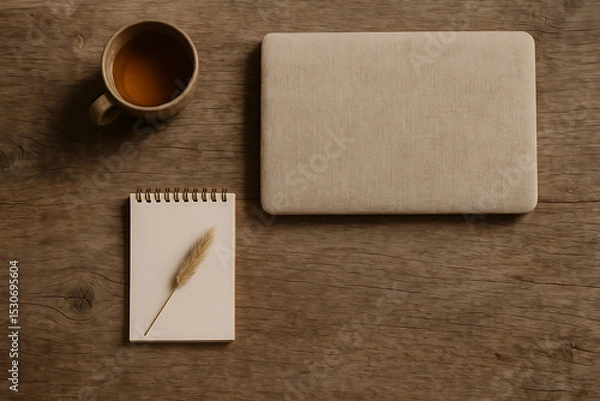 Obraz Cozy workspace featuring laptop, cup of tea, and notepad with decorative plant stem, creating warm and inviting atmosphere
