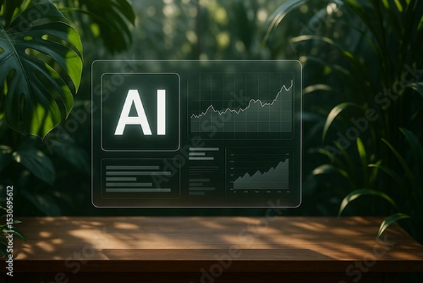 Obraz Futuristic display showcasing AI data analytics in lush, green environment, symbolizing integration of technology and nature