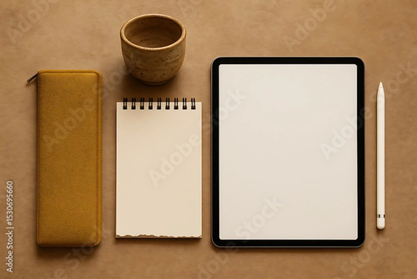 Obraz Workspace setup featuring tablet, notepad, pencil, and small ceramic cup, all arranged brown surface, creating minimalist