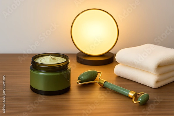 Obraz Aesthetic skincare setup featuring green cream jar, jade roller, soft towels, and warm lamp, creating calming atmosphere