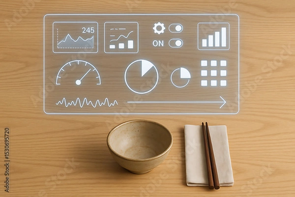 Obraz Digital control panel displays various graphs and metrics above simple bowl and chopsticks wooden table. modern design evokes
