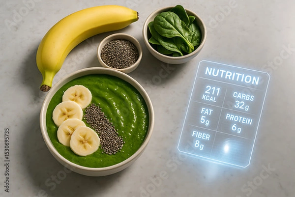 Obraz Vibrant smoothie bowl featuring spinach, banana, and chia seeds, showcasing nutritional information