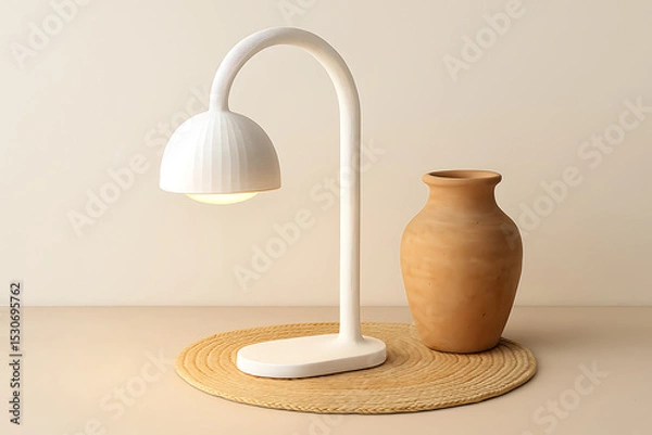 Obraz Minimalistic lamp with curved design stands beside clay vase on woven mat, creating serene atmosphere