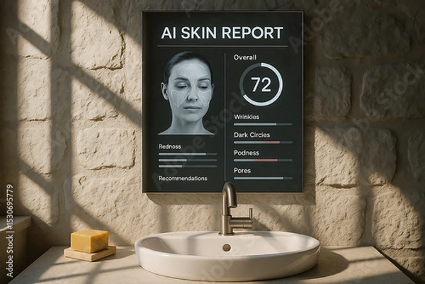 Obraz Modern bathroom featuring AI skin report display, showcasing skin analysis metrics like wrinkles and dark circles