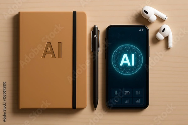 Obraz Modern workspace flat lay featuring notebook, smartphone, pen, and wireless earbuds, emphasizing technology and creativity