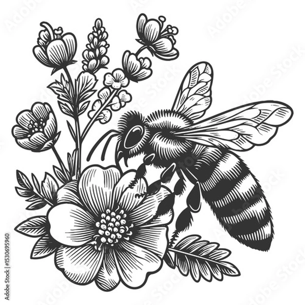 Fototapeta bees gathering nectar from blooming daisies with honey jar in a wild floral garden scene sketch engraving generative ai vector illustration. Scratch board imitation. Black and white image.