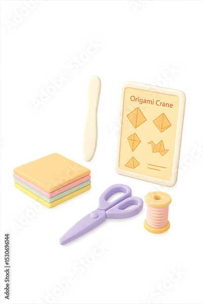 Obraz Origami supplies including paper, scissors, and guide for creating origami crane. Perfect for crafting enthusiasts