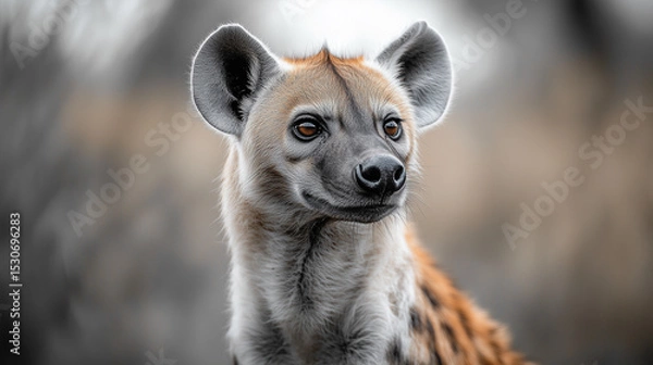 Obraz Close-up portrait of a hyena against a background of blurred natural tones. Clear facial features, expressive eyes and contrasting fur texture