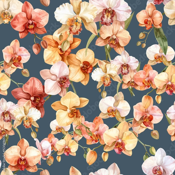 Fototapeta Elegant seamless pattern of watercolor orchids. Watercolor orchid pattern perfect for fabric, textile, wallpaper, or stationery.