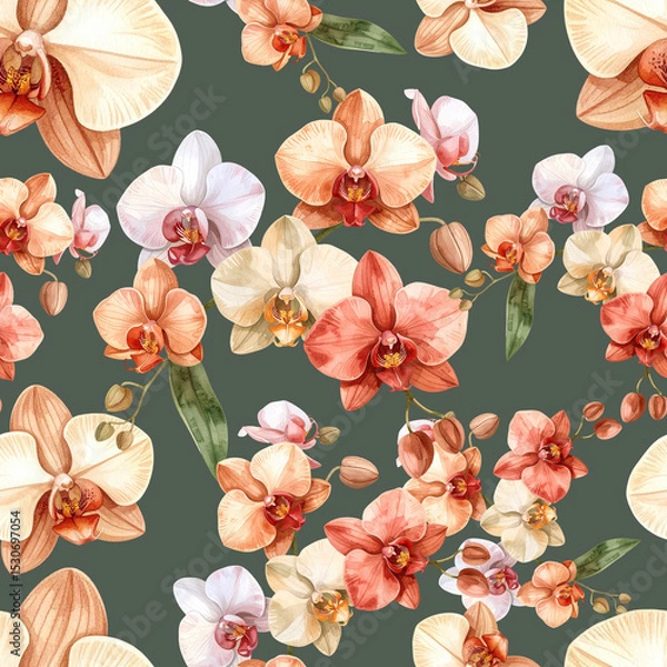 Fototapeta Elegant seamless pattern of watercolor orchids. Watercolor orchid pattern perfect for fabric, textile, wallpaper, or stationery.