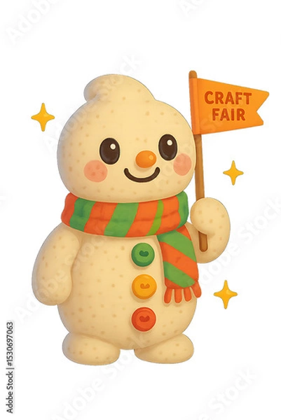 Obraz Cute snowman character holding flag that says Craft Fair, with colorful scarf and buttons, surrounded by stars