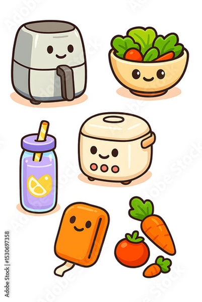 Obraz Cute kitchen items and healthy food illustrations featuring air fryer, salad bowl, drink, rice cooker, and vegetables