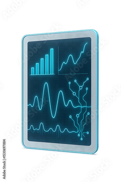 Obraz Digital tablet displaying vibrant graphs and waveforms, showcasing data analysis and technology. glowing lines represent