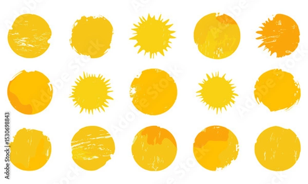 Obraz Brush sun stamps, distressed golden stamps, abstract yellow suns, rough grungy circles, orange summer frames, hand-drawn round labels, watercolor brushstrokes, round ink texture badges.
