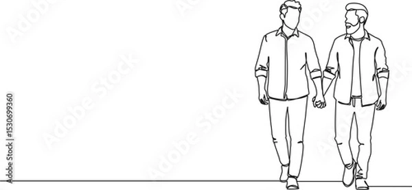 Obraz continuous single line drawing of male couple, two men walking holding hands, line art vector illustration