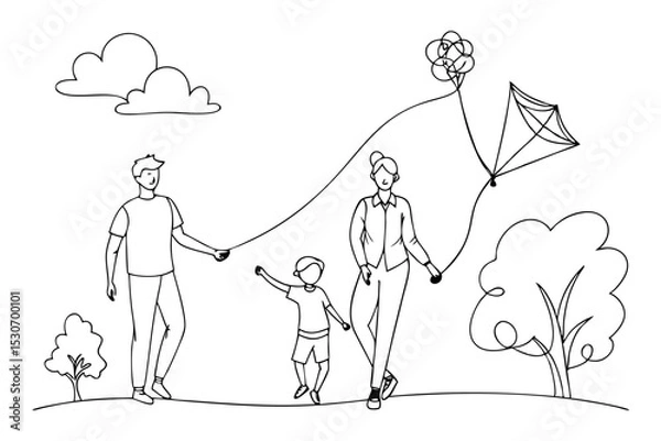 Fototapeta Continuous line drawing family weekend scene isolated on transparent background