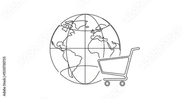 Obraz A line drawing of a globe with continents and a shopping cart in front of it on a white background