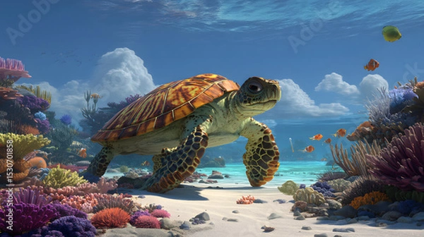 Obraz 3d cartoon Of a giant sea turtle walking