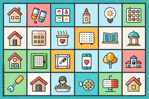 Fototapeta real estate icons Colored meeting icon set. Business, teamwork, communication, management, discussion, etc. Editable stroke. Vector illustration
