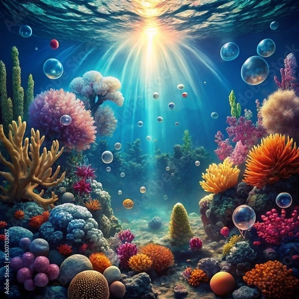 Fototapeta Vibrant underwater coral reef scene with sunlight rays and bubbles