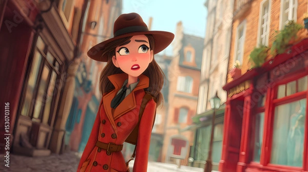 Obraz 3d Cartoon Of a girl detective in vintage clothes