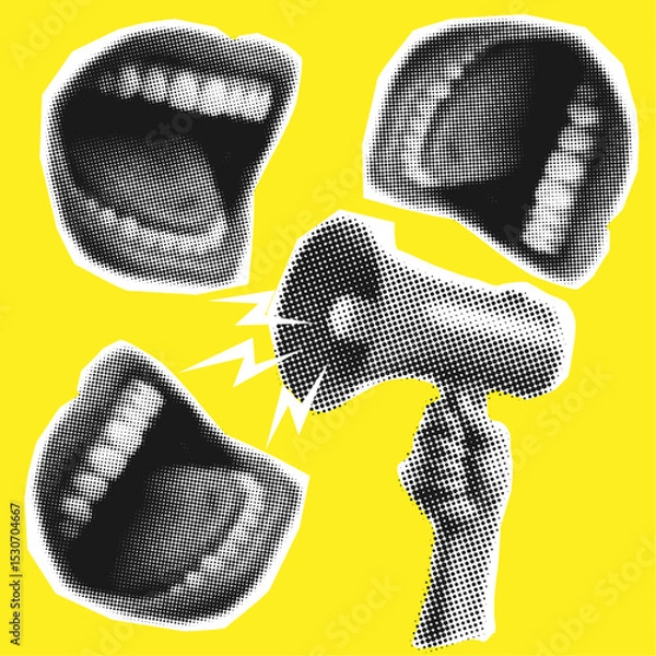 Obraz Angry mouth screaming into loudspeaker with halftone effect,retro collage cut out element