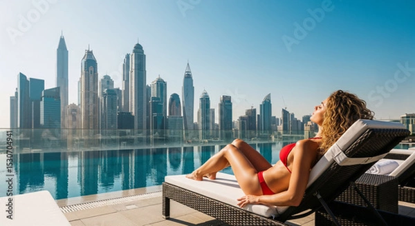 Fototapeta Luxurious poolside relaxation with stunning Dubai skyline and modern skyscrapers backdrop