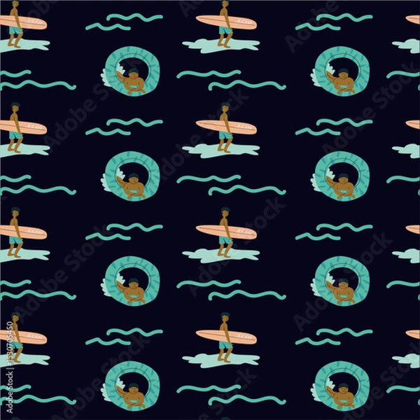 Fototapeta Surfing pattern with men surfer and ocean waves.