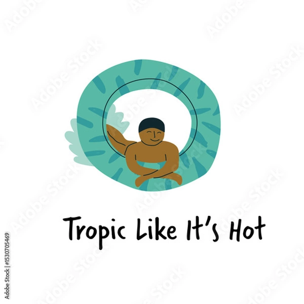 Fototapeta Cartoon swimmer with inner tube and tropical leaf design.