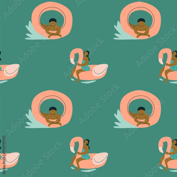 Fototapeta Seamless pattern with diverse children and pool floats on teal background.