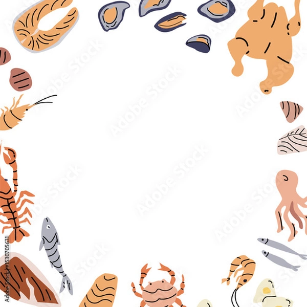 Fototapeta Mediterranean cuisine border design featuring seafood elements for culinary decor.