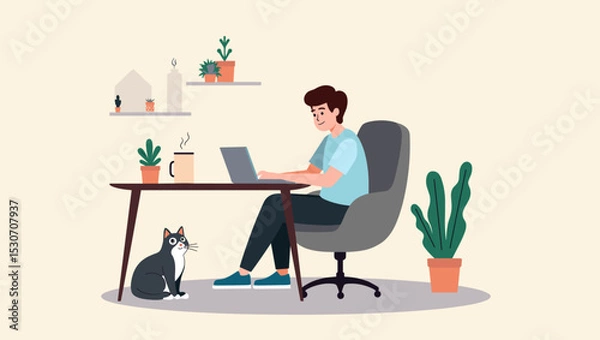 Fototapeta Young man working remotely on laptop at home, cat sitting beside desk, surrounded by plants, books and coffee mug