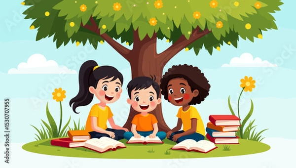 Fototapeta Three happy children reading books under a tree with flowers and grass, outdoor learning and friendship concept in nature.