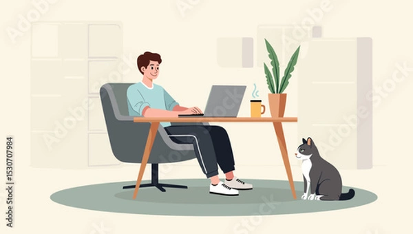 Fototapeta Man working on laptop at home with cat nearby, cozy indoor office setup with coffee mug, plant and relaxed atmosphere